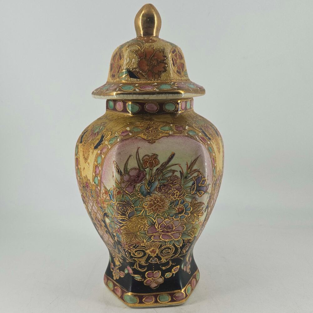 Vintage gilded moriage Satsuma Hand Painted temple or ginger jar Floral 11"